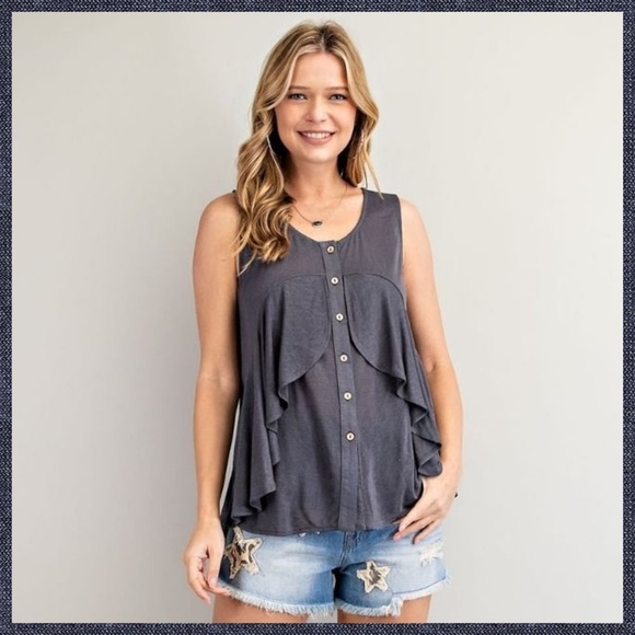 EASEL Button Down Flowy Tunic Top Ruffle Detail Front Pleated Back - Picture 11 of 14